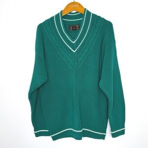 Eddie Bauer green v neck cotton tennis sweater Mens Large‎